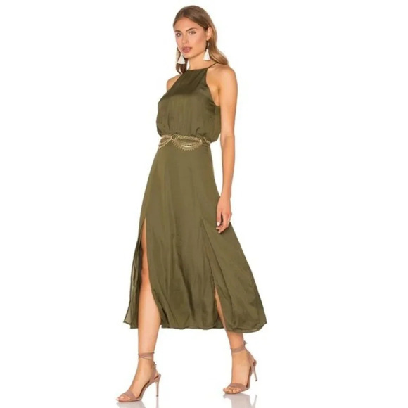 Chic Olive Midi Dress with Belt - Picture 1 of 9